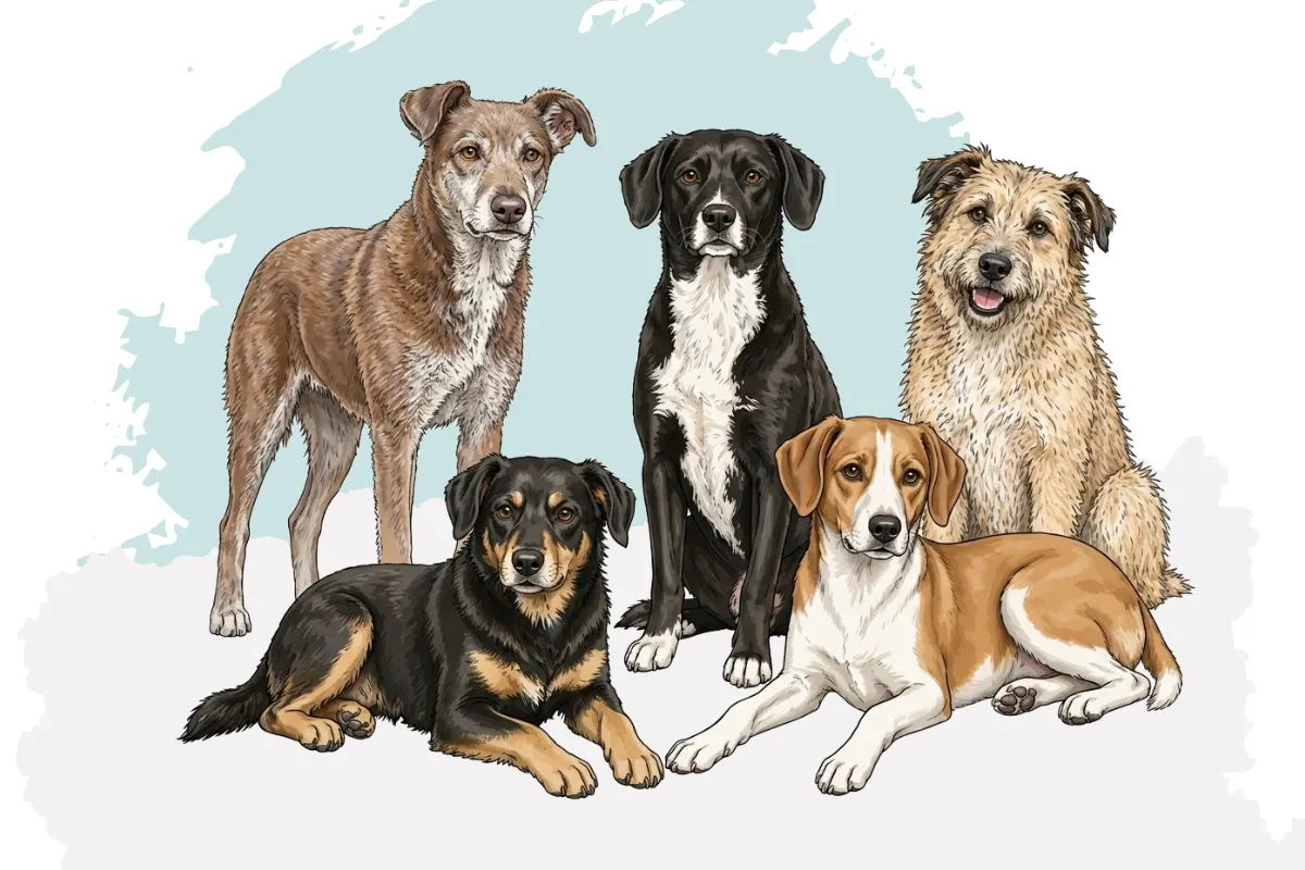 Eine Zeichnung von fünf Mischlingshunden aus dem Auslandstierschutz, darunter Choco aus Rumänien und Mona aus Griechenland