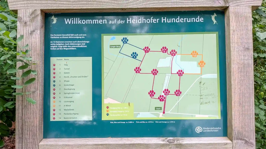 Karte der Heidhofer Hunderunde mit den 14 Stationen