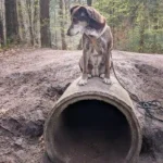 Heidhofer Hunderunde: Hündin Choco sitzt oberhalb der Tunnel-Röhre, Station 2
