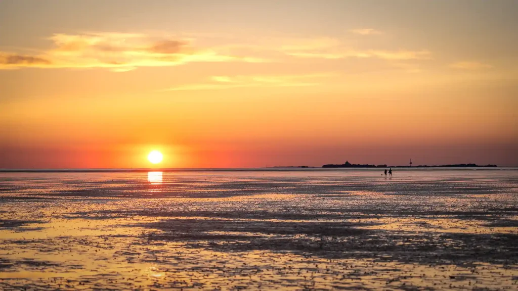 Sonnenuntergang über dem Watt neben der schwarzen Silhouette der Insel Neuwerk